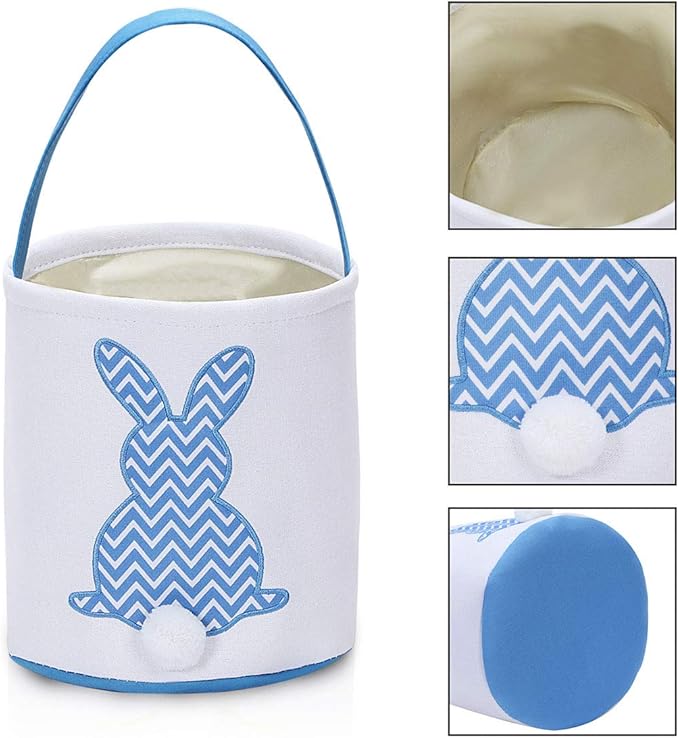 MONOBLANKS Easter Bunny Basket Bags, Rabbit Bucket Tote for Easter Egg Hunts Decorations Candy Gifts Storage (Blue(wave))
