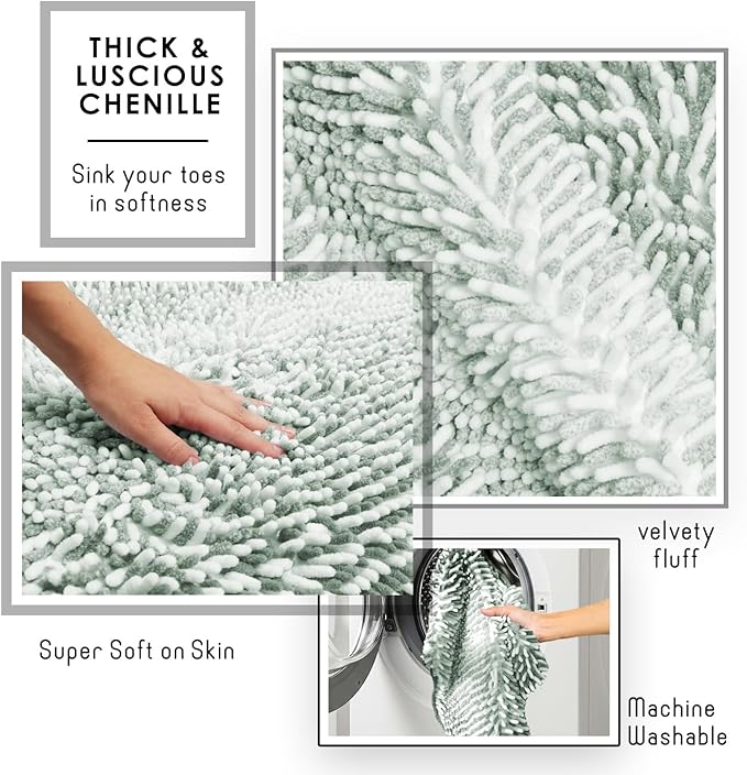 Hearth & Harbor Bathroom Rugs, Chenille Bath Mat - Machine Washable Bath Mats for Bathroom Non-Slip Backing Rubber, Quick Dry Bathroom Mat, 17 x 24 + 20 x 24 - Ombre Green