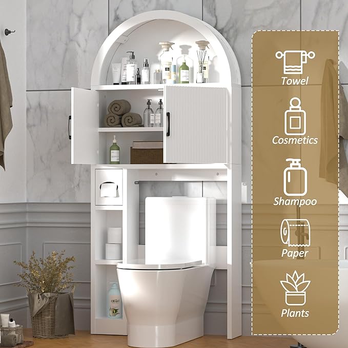 Over The Toilet Storage Cabinet, Bathroom Organizer Over Toilet, Arched Storage Organizer Cabinet with Anti-Tip Device and Adjustable Shelf for Washroom Laundry and Restroom, White