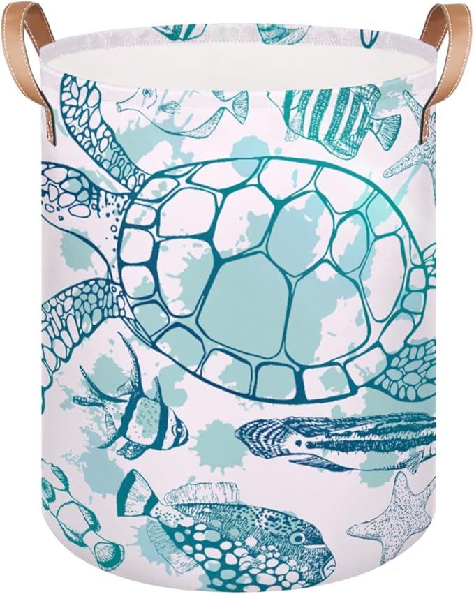 Large Laundry Hamper Basket Ocean Theme Round Freestanding Clothes Basket, Sea Turtle Collapsible Storage Organizer Bin with Leather Handles for Dirty Clothes Toys, Nursery Home Storage 16"W x 20"H