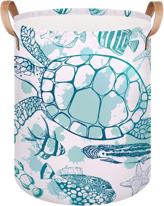 Large Laundry Hamper Basket Ocean Theme Round Freestanding Clothes Basket, Sea Turtle Collapsible Storage Organizer Bin with Leather Handles for Dirty Clothes Toys, Nursery Home Storage 16"W x 20"H