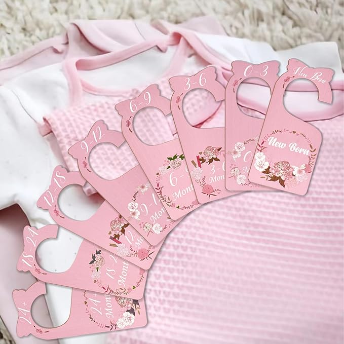 Baby Closet Dividers for Clothes Organizer, 8 Pack Pink Flowers Wooden Double-Sided Baby Clothes Size Hanger Organizer from Newborn to 24 Months for Daycare Wardrobe, Boho Nursery Decor