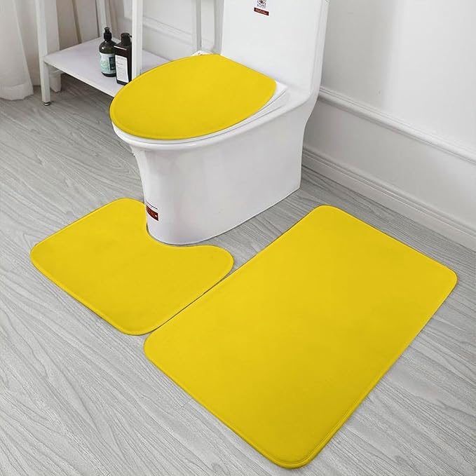 3 Pieces Bath Rug Sets, Sunshine Yellow Color Bathroom Mat Set Non Slip U Shaped Contour Rug & Toilet Lid Cover