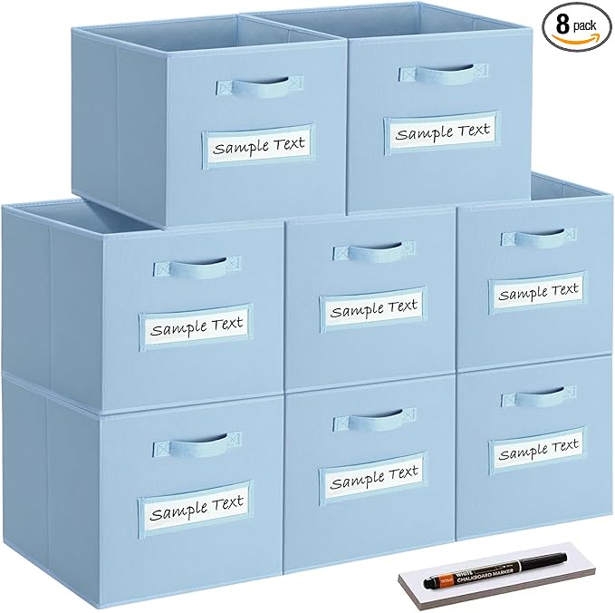 artsdi Fabric storage cubes (8 Pack) 13 Inch Cube Storage Bin, cube organizer bins with 8 Labels Window Cards & a Pen,Foldable cube organizer bins and Storage Box,Pastel Blue