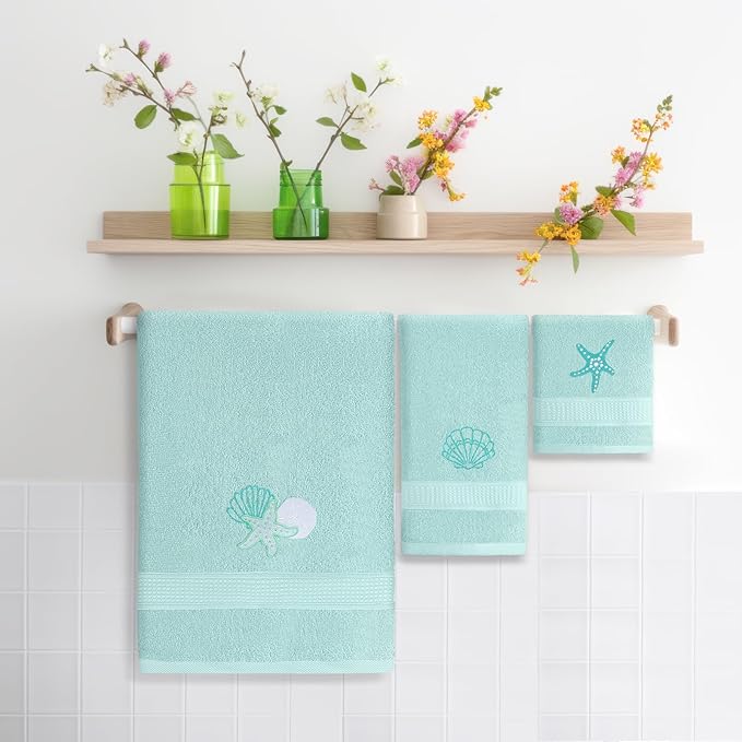 3 Pcs Coastal Seashell Bathroom Towel Set Farmhouse Embroidered Coastal Seashell Towels Vintage Decorative 100% Cotton Bath Towel Highly Absorbent Summer Decor Set for Bathroom