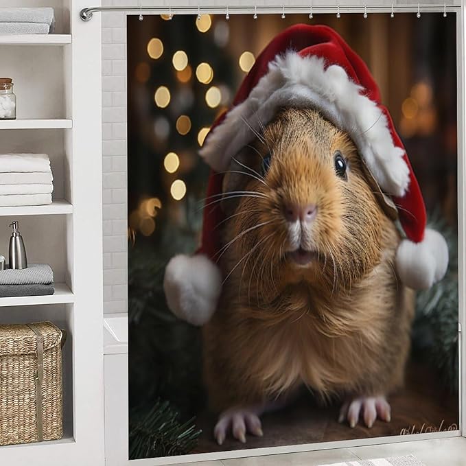 4 Piece Shower Curtain Sets Pet Guinea Pig Wear Red Santa Hat with Non-Slip Rugs Toilet Lid Cover and Bath Mat Funny Farmhouse Animal Guinea Pig Piggy Bathroom Decor Set with Accessories
