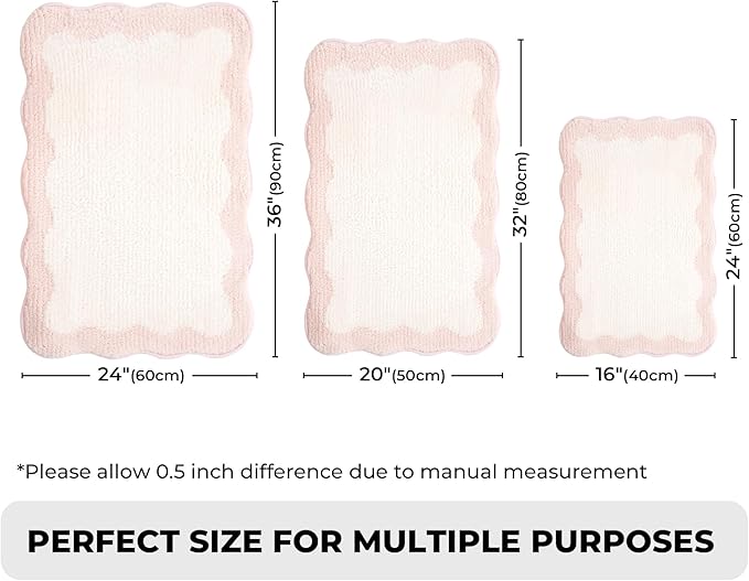 GRANNY SAYS Waved Pink Bathroom Rugs, 24" x 16", Non-Slip Bath Mats for Bathroom, Plush Shag Absorbent Microfiber Ultra Soft Scalloped Bath Mat, Cute Washable Rug for Tub, Shower, Bedroom