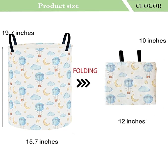 CLOCOR Round Collapsible Flat Storage Basket,Space-Saving Fabric Laundry Hamper for Clothes,Nursery Hamper,Gift Basket(Blue Balloon)