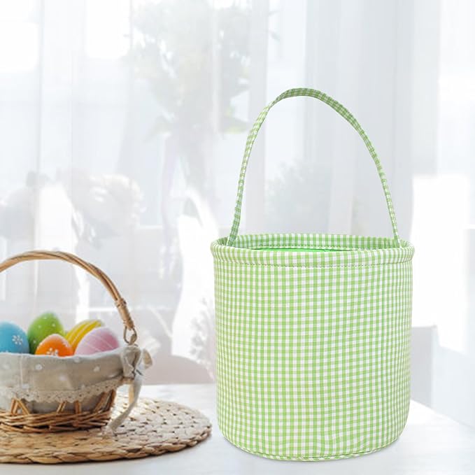Plaid Easter Basket Stitch Easter Bag for Kids Colorful Cloth Baskets with Long Handle 9 Inch Spring Decorations (Green)