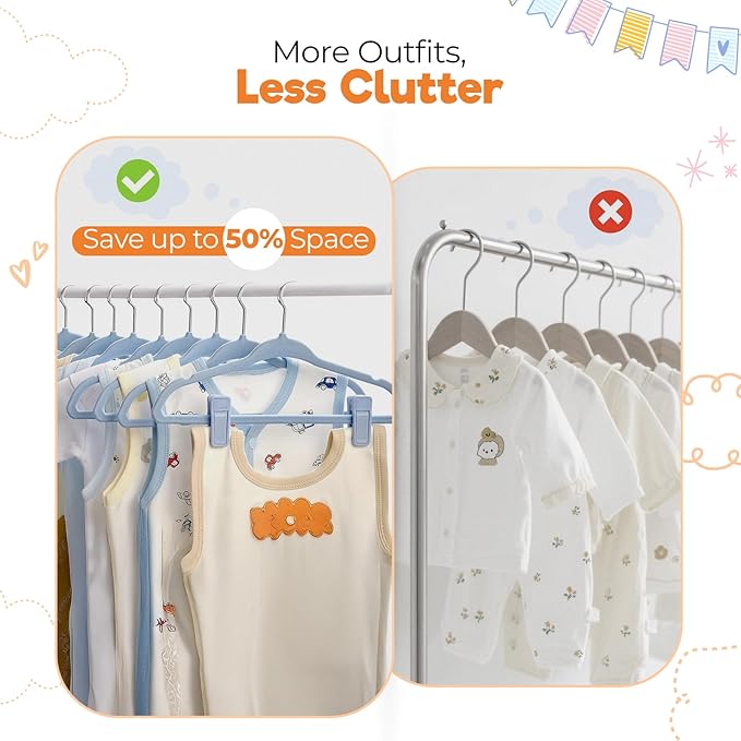Velvet Baby Hangers with 10x Clips and 8X Dividers (30 Pack) | 11” Ultra-Slim Baby Clothes Hangers | Non-Slip Felt | Space-Saving Nursery & Infant Closet Organizer | Blue