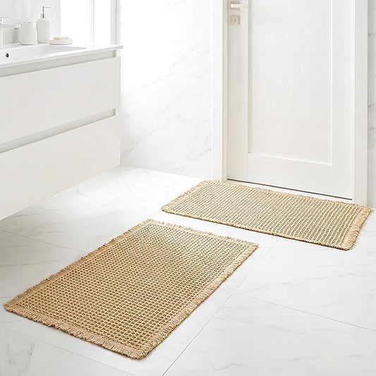 2pcs Waffle Bathroom Rugs Waffle Bath Mat Boho Bath Rugs Non Slip Washable Absorbent Baths Mats Soft Rubber Backed Shower Mats Bathroom Runner Rug for Bedroom Kitchen Shower Tub Hallway Laundry Room