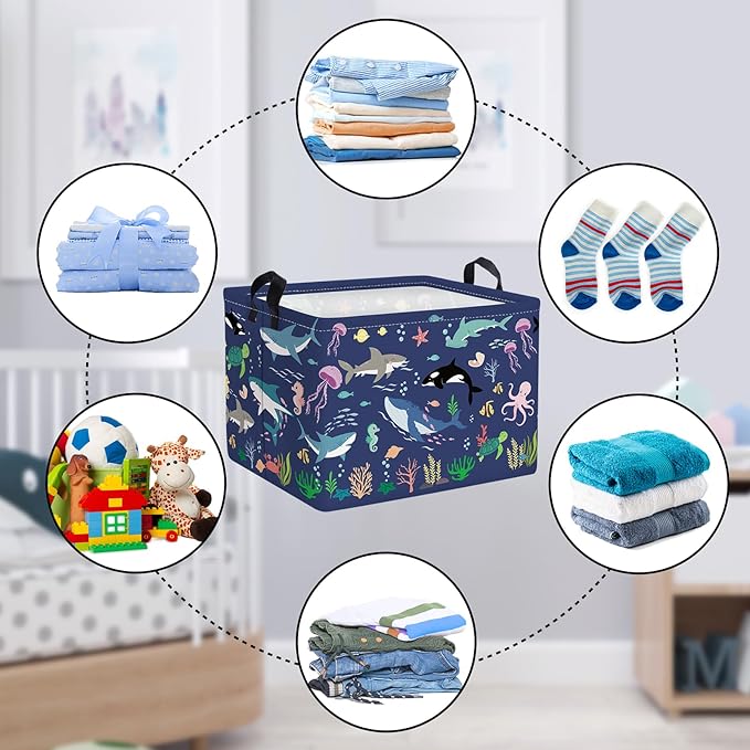 Clastyle Fish Sea Turtle Baby Basket Ocean Coral Seaweed Starfish Toy Book Shelf Basket Waterproof Pool Toy Beach Towel Storage Bin Large Dirty Clothes Laundry Hamper, Whales, 40*30*30 cm