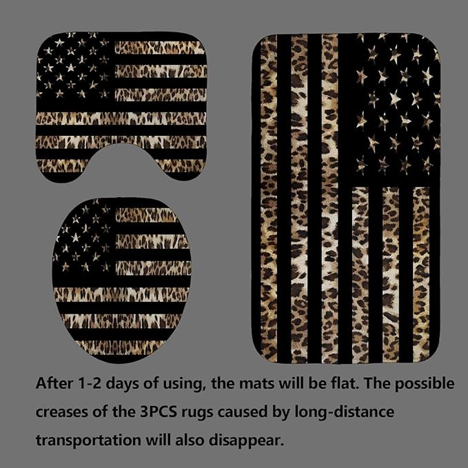 4PCS Black American Flag Leopard Shower Curtain Sets with Rugs, Waterproof Fabric Shower Curtain, Cheetah Print African Animal Safari Wildlife Skin Stars and Stripes USA Flag Bathroom Decor