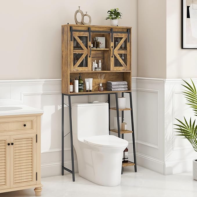 Vabches Over The Toilet Storage Cabinet, Farmhouse Storage Cabinet Over Toilet with Sliding Barn Door，Home Space-Saving Toilet Rack, for Bathroom, Restroom, Laundry，Brown