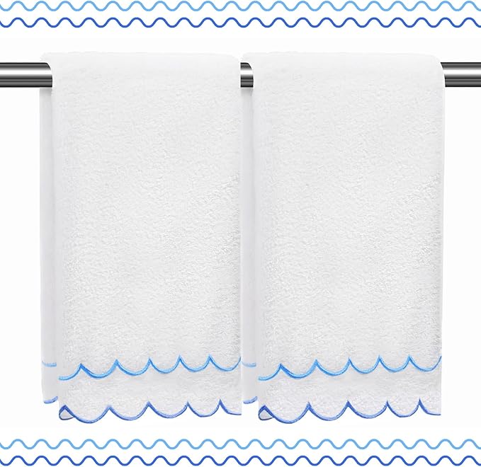 2 Pcs Coquette Bow 100% Cotton Hand Towels for Bathroom Scalloped Hand Towels 16 * 27 Inch Embroidered Decorative 600 GSM Soft Absorbent Bath Towel for Spa Yoga Hotel Sport (Royal Blue)