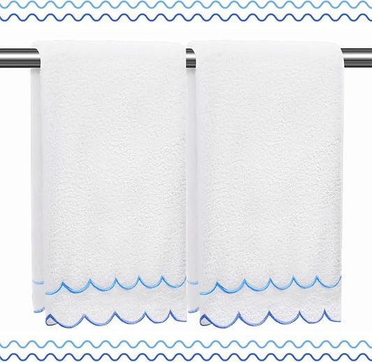 2 Pcs Coquette Bow 100% Cotton Hand Towels for Bathroom Scalloped Hand Towels 16 * 27 Inch Embroidered Decorative 600 GSM Soft Absorbent Bath Towel for Spa Yoga Hotel Sport (Royal Blue)