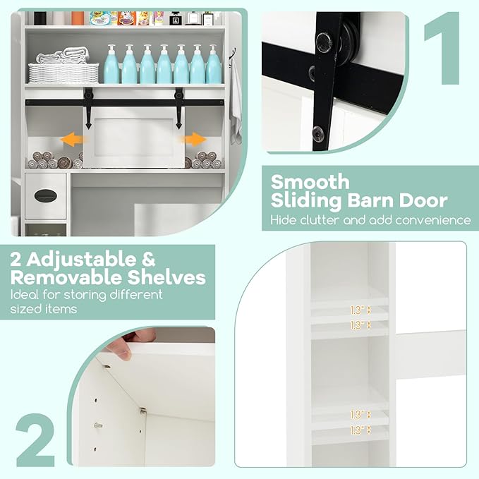 Tangkula Over The Toilet Storage Cabinet, Farmhouse Freestanding Above Toilet Rack w/Sliding Barn Door, Adjustable Shelves, Toilet Paper Holder, 2 Hooks, Bathroom Space Saver (Retro, White)