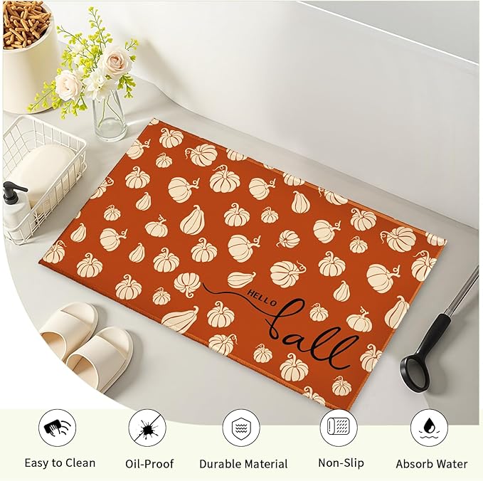 Hello Fall Bathroom Rug for Bathtub Shower Room Orange Autumn Pumpkins Bathroom Mats Thanksgiving Decorative Non-Slip Absorbent Bath Rugs 32"x20" for Dooway Kitchen Sink Bedside