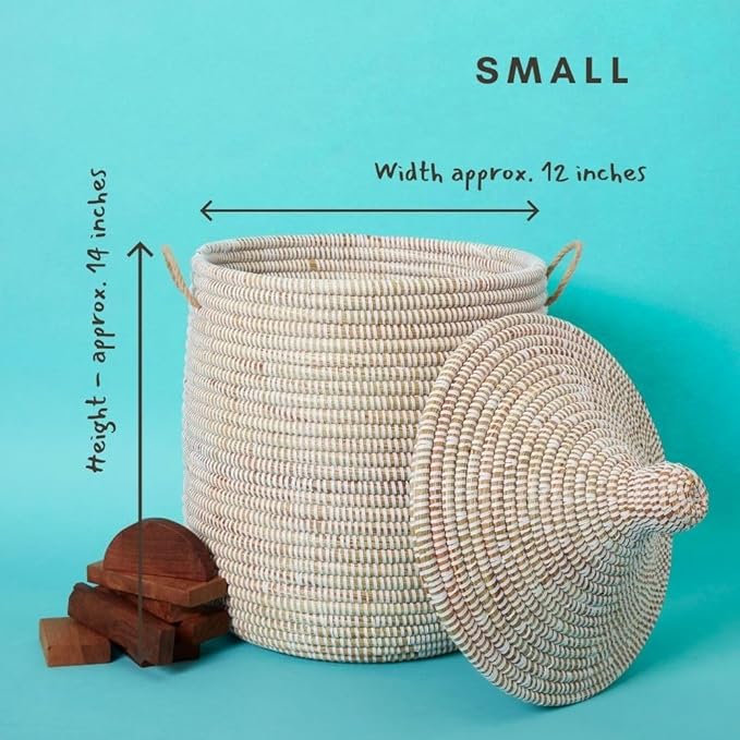 Small Basket with Lid, Baby Toy Storage, Nursery Hamper, White Basket, Cute Storage Bin, Wicker Baskets for Organizing, African Baskets with Handles, Coil Style Weaving, Made in Senegal,15" W, 19" T
