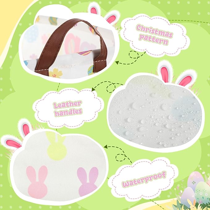 3 Pack Easter Storage Baskets Waterproof Canvas with Leather Handles Bunny Basket Box Collapsible Storage Bins Box for Closet Toys Clothes Room Decor Gift Basket