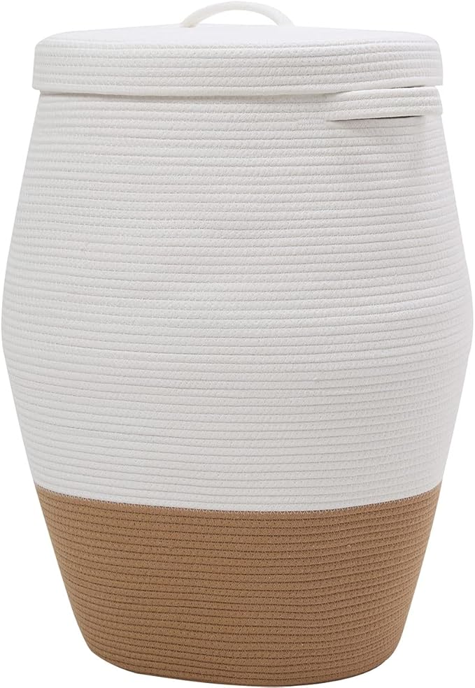 26"x20" Handcrafted Tall Cotton Rope Basket with Lid, Stylish Flagon Shape with Cover, Clothes Hamper with Top, for Bedroom and Living Room, White/Camel Bottom