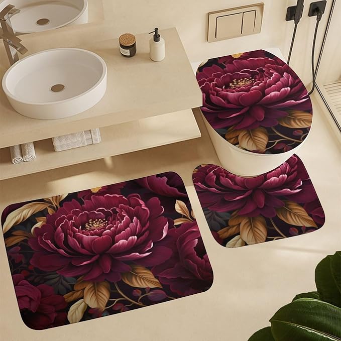 4 Pcs Shower Curtain Sets Bathroom Decor Set with Non-Slip Rugs Toilet Lid Cover and Bath Mat Elegant Burgundy Floral Durable and Waterproof Watercolor Boho Burgundy for Bathroom Decor Set