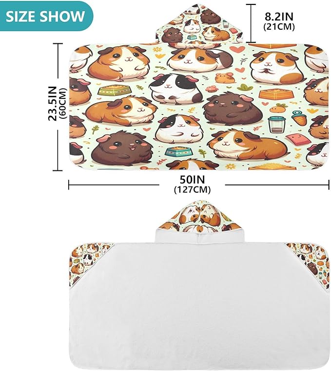 Hooded Beach Towel for Kids, Cute Guinea Pig Girls Boys Bath Towel Poncho, Super Soft & Absorbent Pool Towel, 50 x 23.5 Inches
