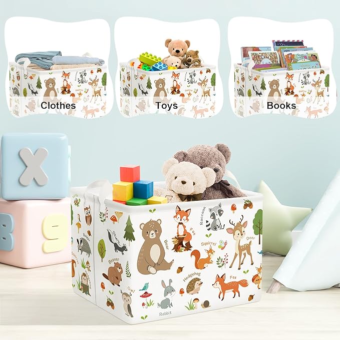 Clastyle Collapsible Words Animals Kid Book Toy Storage Basket Bear Raccoon Clothes Nursery Hamper for Bedroom Bathroom, Grey Rabbit 36L