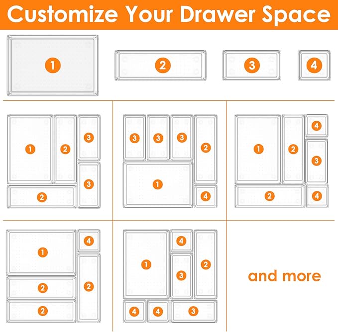 25 PCS Clear Plastic Drawer Organizer Set, Non-Slip/Crack Bathroom Vanity Drawer Organizer Trays Dividers, Versatile Storage Bins for Makeup, Jewelry and Office, Desk, Bathroom, Bedroom, Kitchen