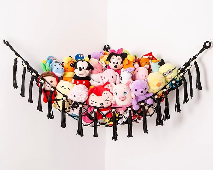 Stuffed Animal Toy Hammock Hanging- Macrame Toy Hammock with Tassels-Stuff Animals Organizer Storage Boho Large Corner Plush Toys Net Holder for Nursery, Play Room, Kids Bedroom (Black)
