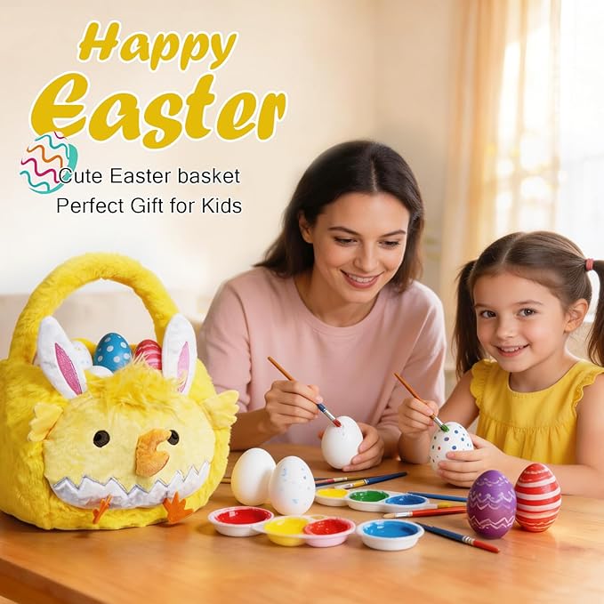 2026 chick Plush Baskets Easter Basket, Easter Egg Hunt Buckets, Easter Decorations Indoor Outdoor, Cute Easter Gifts for Kids, Adults, Teens, Toddlers, Girls