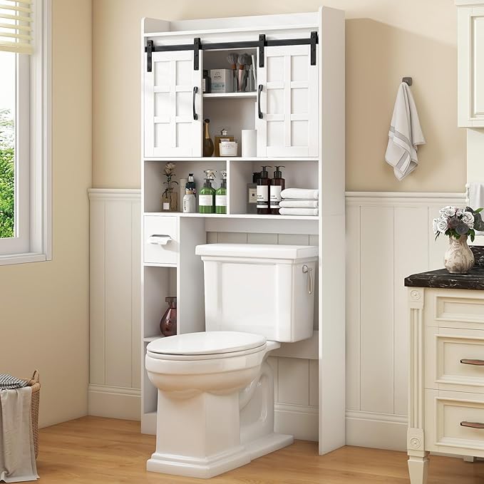 Over The Toilet Storage Cabinet, Farmhouse Storage Cabinet Over Toilet with Sliding Doors，Home Space-Saving Toilet Rack, for Bathroom, Restroom, Laundry,White