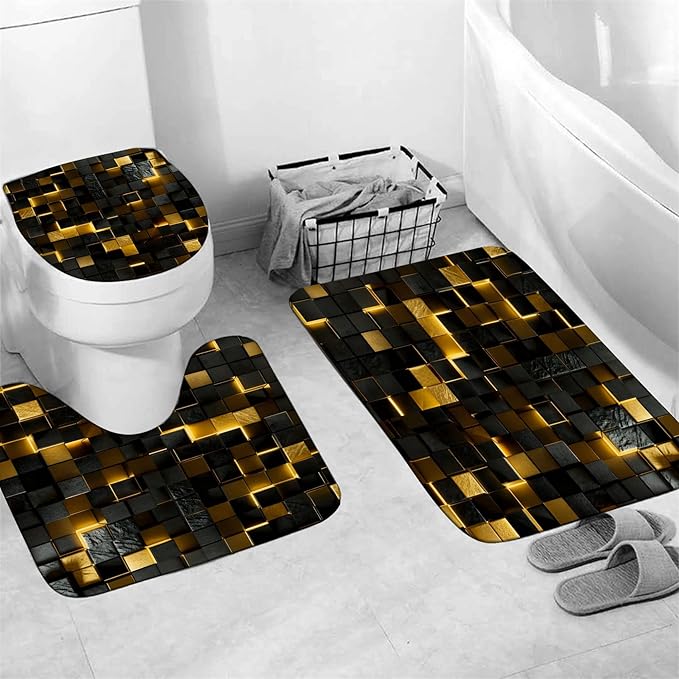 4Pcs Black and Gold Shower Curtain Set 3D Cubes Bathroom Sets Modern Shower Curtain Set for Bathroom Sets with Rugs and 12 Hooks