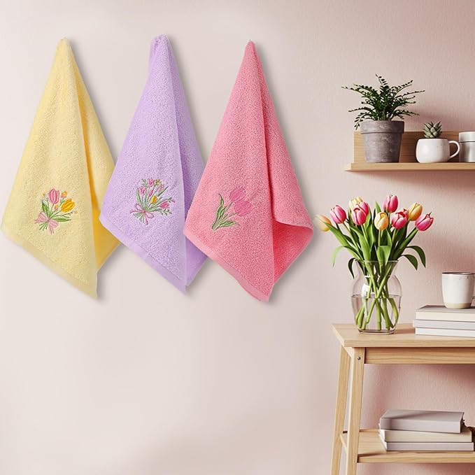 3 Pcs Tulips Bouquet Hand Towels Spring Pink Tulips Flower Bath Towels 14 x 29 Inch Floral Embroidered Decorative Cute Spring Summer Cotton Soft Absorbent Decor for Bathroom Kitchen Farmhouse
