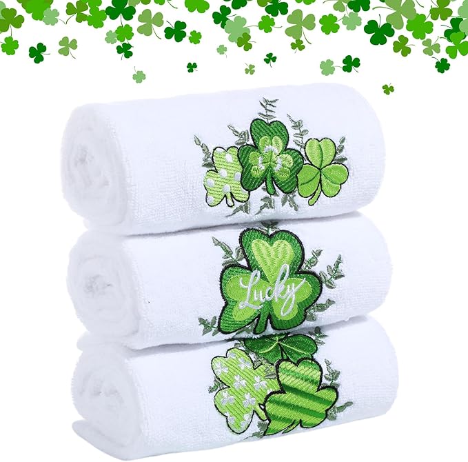 3 Pack Valentine's Day Bath Hand Towels Embroidered 100% Cotton 13.7 x 29.5 in Valentines Red Heart Love Bathroom Kitchen Decorations Valentines Day Dish Towel Gift Set(White,Clover)