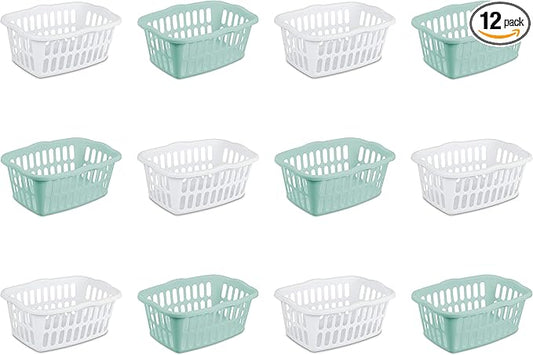 Sterilite 1.5 Bushel Rectangular Laundry Basket, Plastic, Classic Design for Carrying Clothes to and from the Laundry Room, White and Aqua, 12-Pack