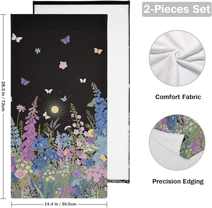 2 Pcs Purple Blue Wildflower Hand Towels for Bathroom,Soft Absorbent Vintage Garden Floral Butterfly Black Dish Towels for Kitchen,Quick Dry Decorative Bathroom Towels for Face,Shower 14"x28"