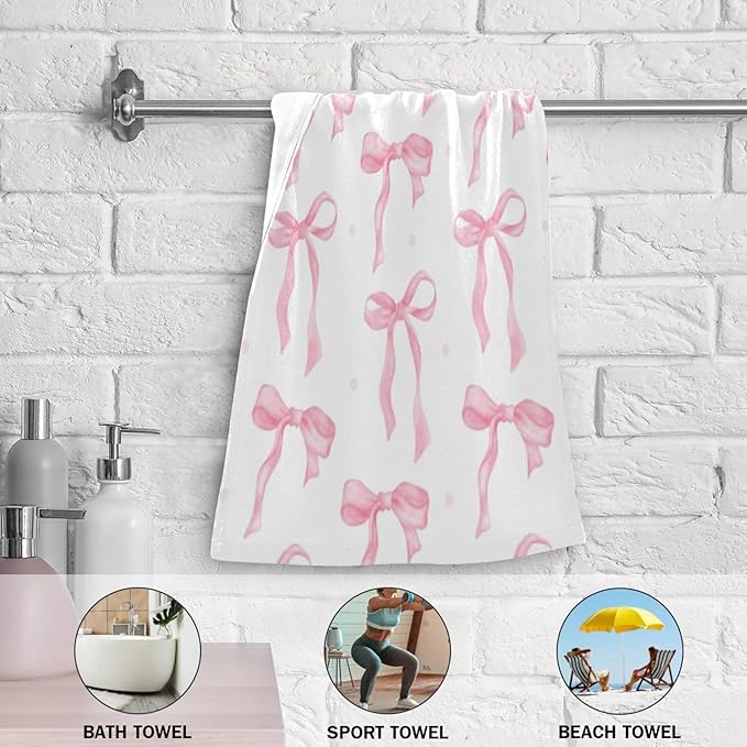 2 Pcs Cute Pink Bows Hand Towels for Bathroom,Soft Absorbent Decorative Watercolor Bowknot Kitchen Towels Aesthetic Girly Bow Pink White Guest Bathroom Towels for Bath,Face,Shower,Gym 14"x28"