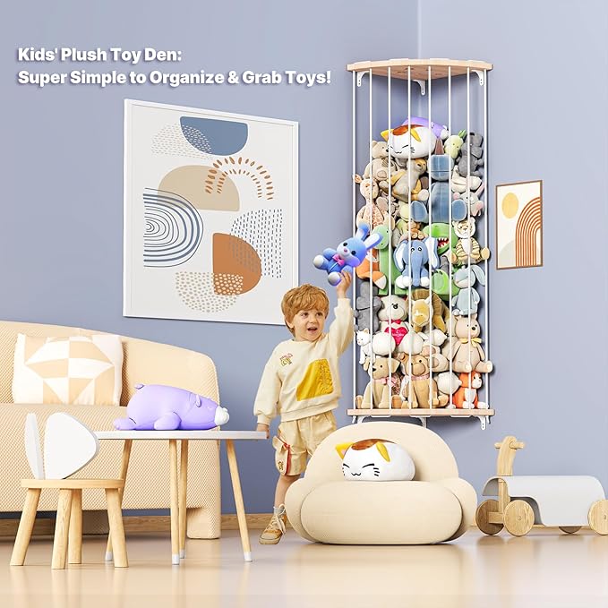 Stuffed Animal Storage Toy Storage Organizer, Wooden Corner Hammock Shelf for Stuffed Animal Hammock Corner, Nursery, Playroom, Bedroom. Versatile Toy Organizer with Zoo Pattern