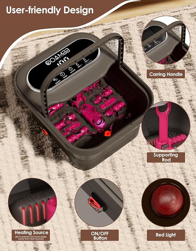Collapsible Foot Spa with Heat, Bubble and Temp Control, Foot Bath Massager with XL Touch Screen and Massage Rollers, Foot Soaking Tub, Pedicure Foot spa for Stress Relief (Dark Grey +Green)