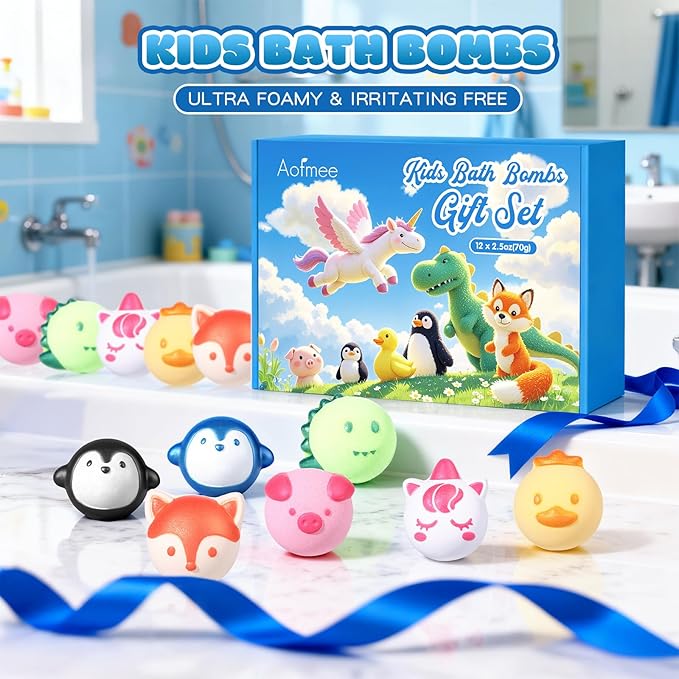 Aofmee Bath Bombs for Kids, 12 Pcs Kids Bath Bombs with Essential Oil, 6 Animal Shapes and Fruity Aroma, Natural Organic Spa Gift Set for Boys Girls, Birthday Christmas Halloween