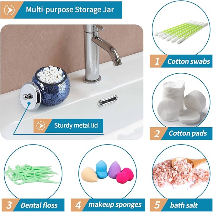 4 Pcs Mosaic Glass Bathroom Accessories Set, Modern Luxury Bath Ensemble, Includes Soap Dispenser, Cotton Swab Jar, Toothbrush Holder, Vanity Tray (Shiny Blue)