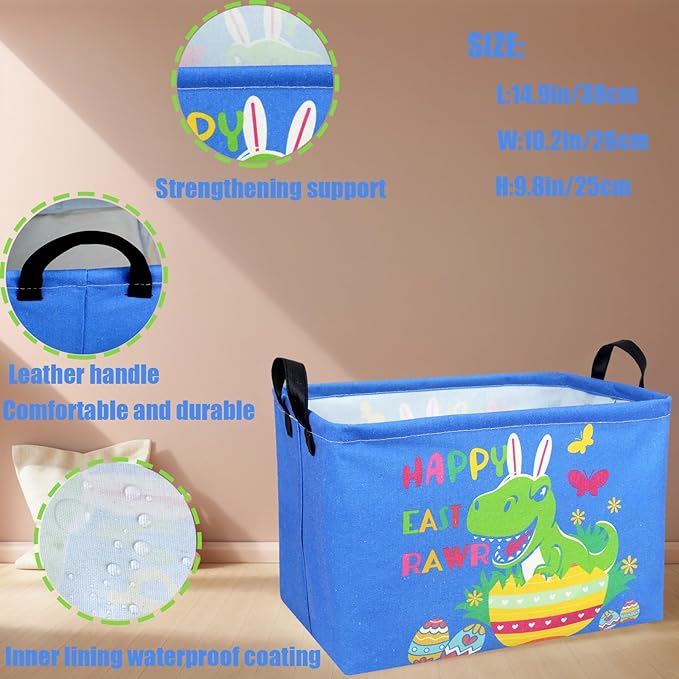 Personalized Dinosaur Easter Basket Bluey Fabric Large Empty Easter Basket for Boy and Girl (Dinosaur Blue Background)