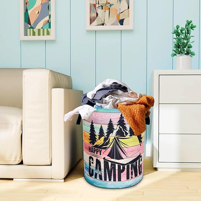 Happy Camping Laundry Basket Mountains Forest Oxford Cloth Laundry Hamper With Handle Foldable Portable Clothes Storage Basket 18.9 X 16.5 In Storage Bag For Laundry Room/Bathroom/Bedroom/Dormitories