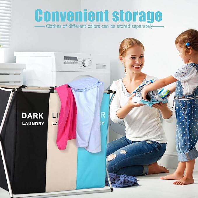 Laundry Cloth Hamper Sorter Basket Bin Foldable 3 Sections with Aluminum Frame 26InIn×24InInH Washing Storage Dirty Clothes Bag (3 Liner, Black + white + sky blue)