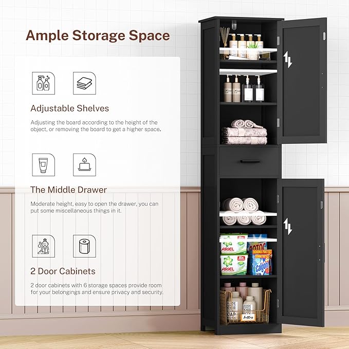 WEENFON Tall Bathroom Cabinet, Storage Cabinet with 6 Shelves & Drawer, Bathroom Storage Cabinet with Adjustable Shelves, Tall Cabinet for Living Room, Home Office, Black