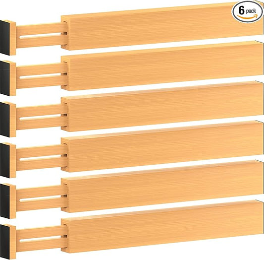 6 Pack Bamboo Drawer Dividers - 17" to 21.5" Expandable Adjustable Drawer Organizer for Kitchen Utensils, Large Kitchen Drawer Divider, Clothes, Dresser, Bedroom, Bathroom & Desk Drawer Separator Set