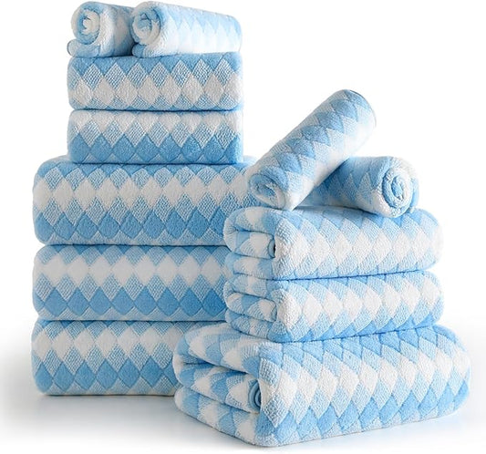 12 Pcs Blue White Diamond Towel Set-4 Bath Towels,4 Hand Towels,4 Washcloths Soft Polyester Towels with Loop Absorbent Shower Towel Quick Dry Beach Chair Towel Family Towels for Bathroom Spa Gym Pool