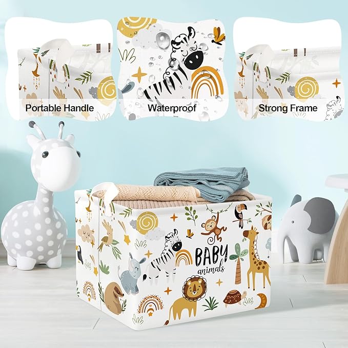Clastyle Cute Forest Animal Laundry Basket Elephant Lion Kids Clothes Book Storage Basket Gift Toy Box for Bedroom Decor,Brown,40x30x30 cm