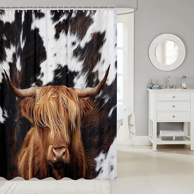 Highland Cattle Shower Curtains,Cow Fur Bathroom Curtains for Kids Teens Adult,Farmhouse Animals Cowhide Waterproof Bath Curtains,with 12 Hooks Suits for Bathtub, 72" W x 78" L,Black White Brown